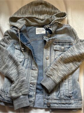 Light Wash Denim & Gray Knit Hooded Jacket